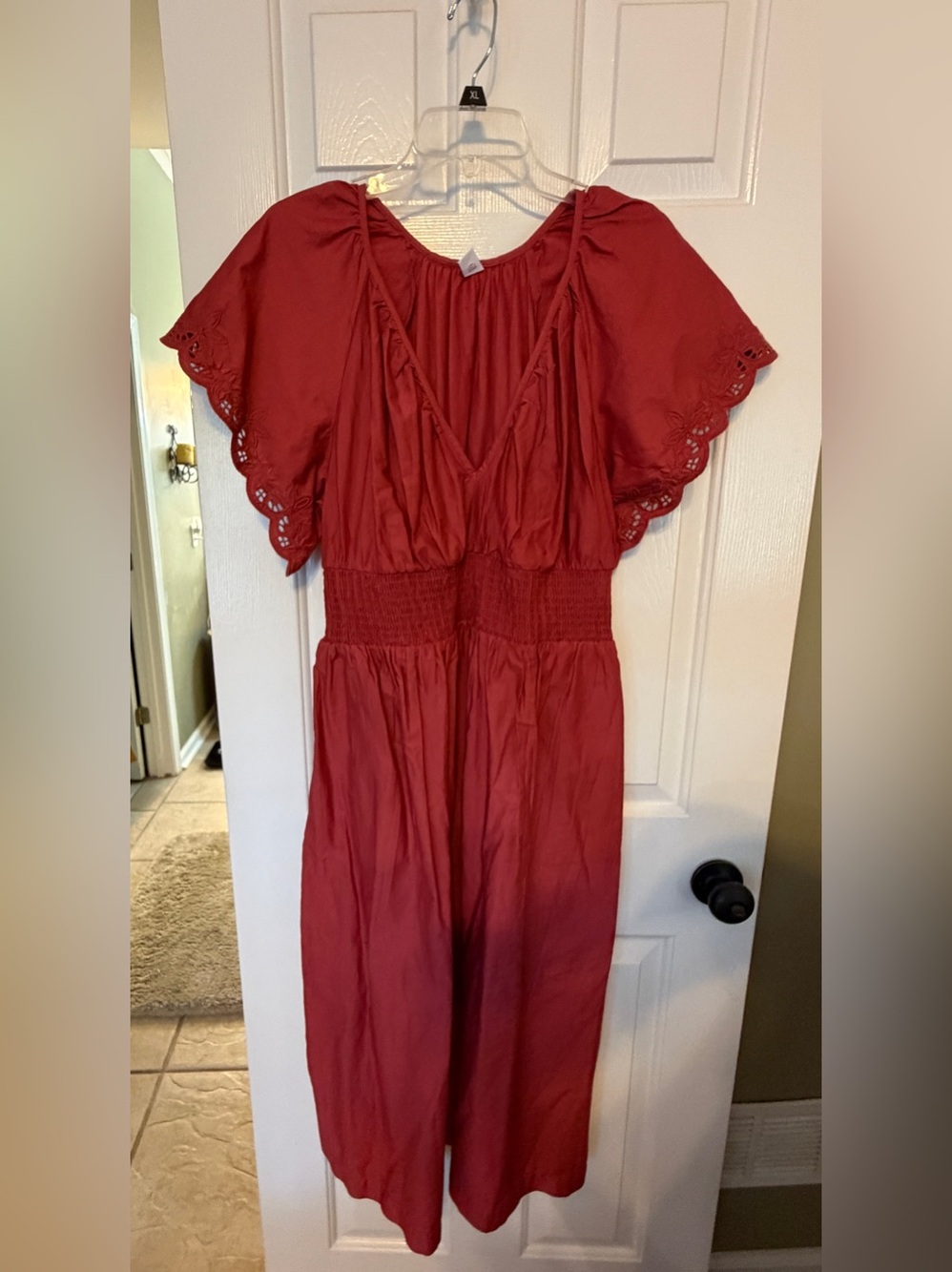 Old Navy Large Defined Waist Dusty Crimson Eyelet-Flutter Sleeve V-Neck Dress